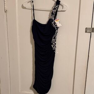 Deb One Shoulder Navy Blue Dress with Silver Detailing